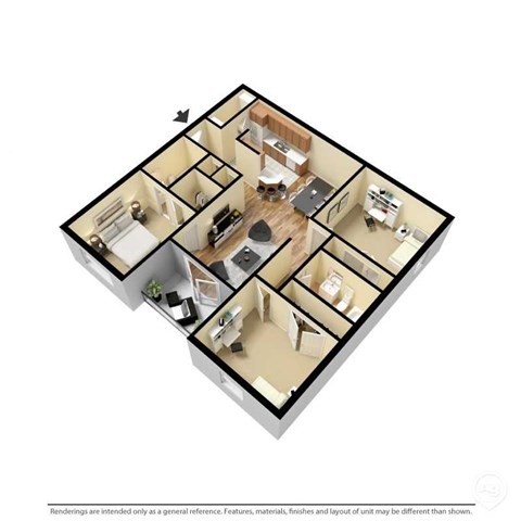 Floor plan for 3 beds, 3 baths, 1170 sqft